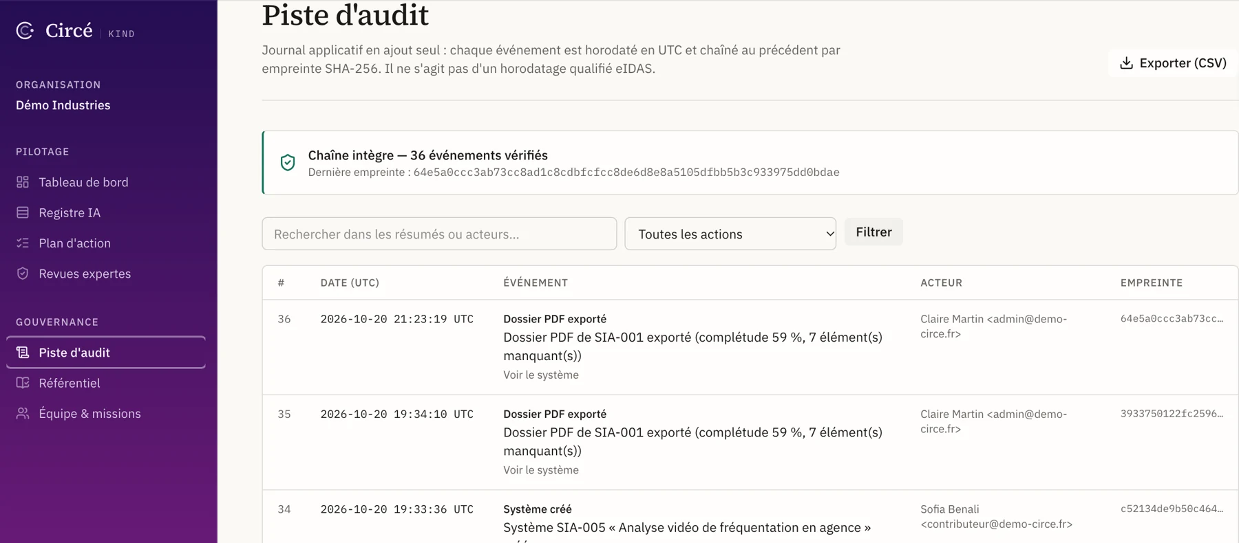 Circé, audit trail