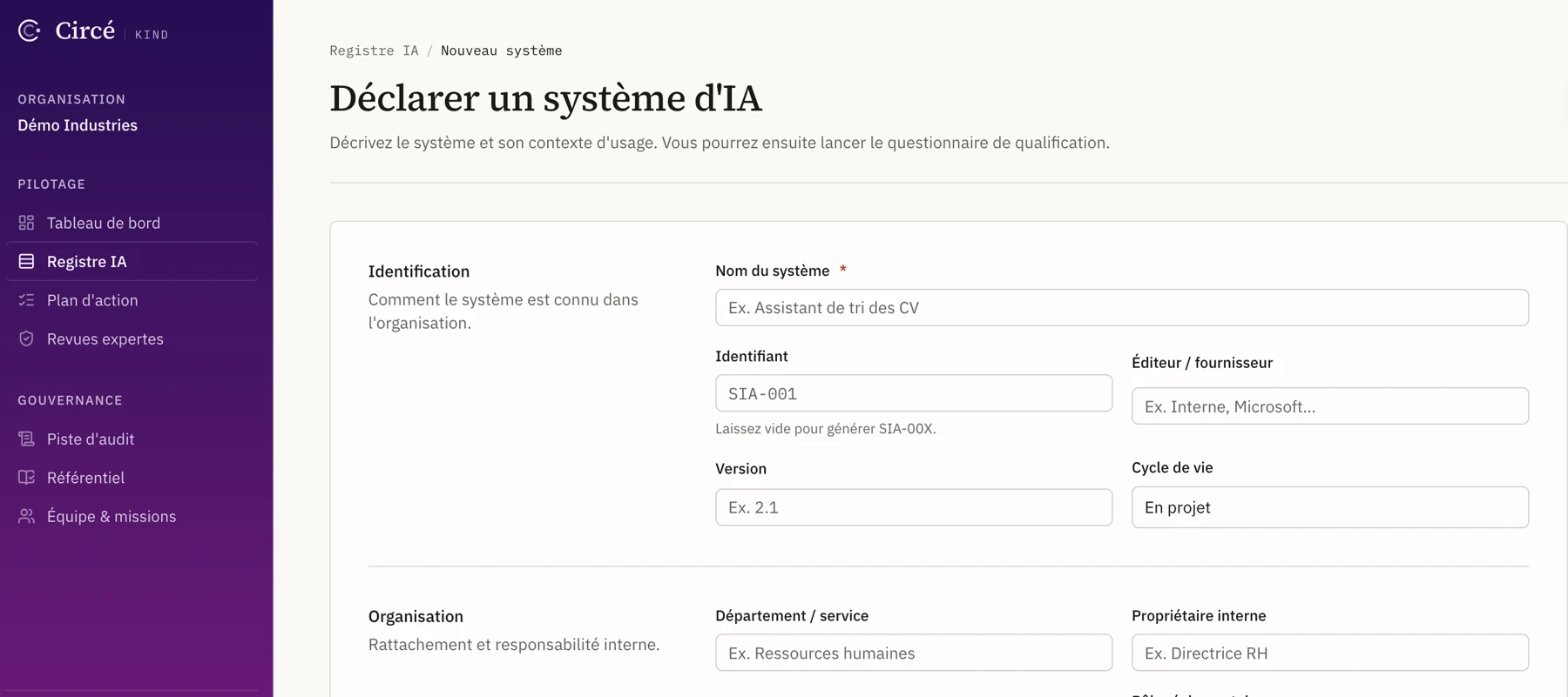 Circé, declaring an AI system